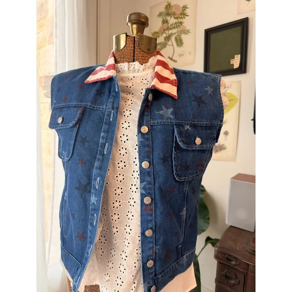 Vintage Americana Denim Vest Small Flag Collar Star Print Western USA Patriotic - Picture 6 of 8